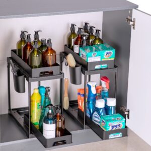 Under Sink Organizer, 2 Tier Pull Out Cabinet Organizer Sliding Sink Organizers and Storage Multi-Purpose Kitchen Bathroom Under Sink Organizers Shelf Black