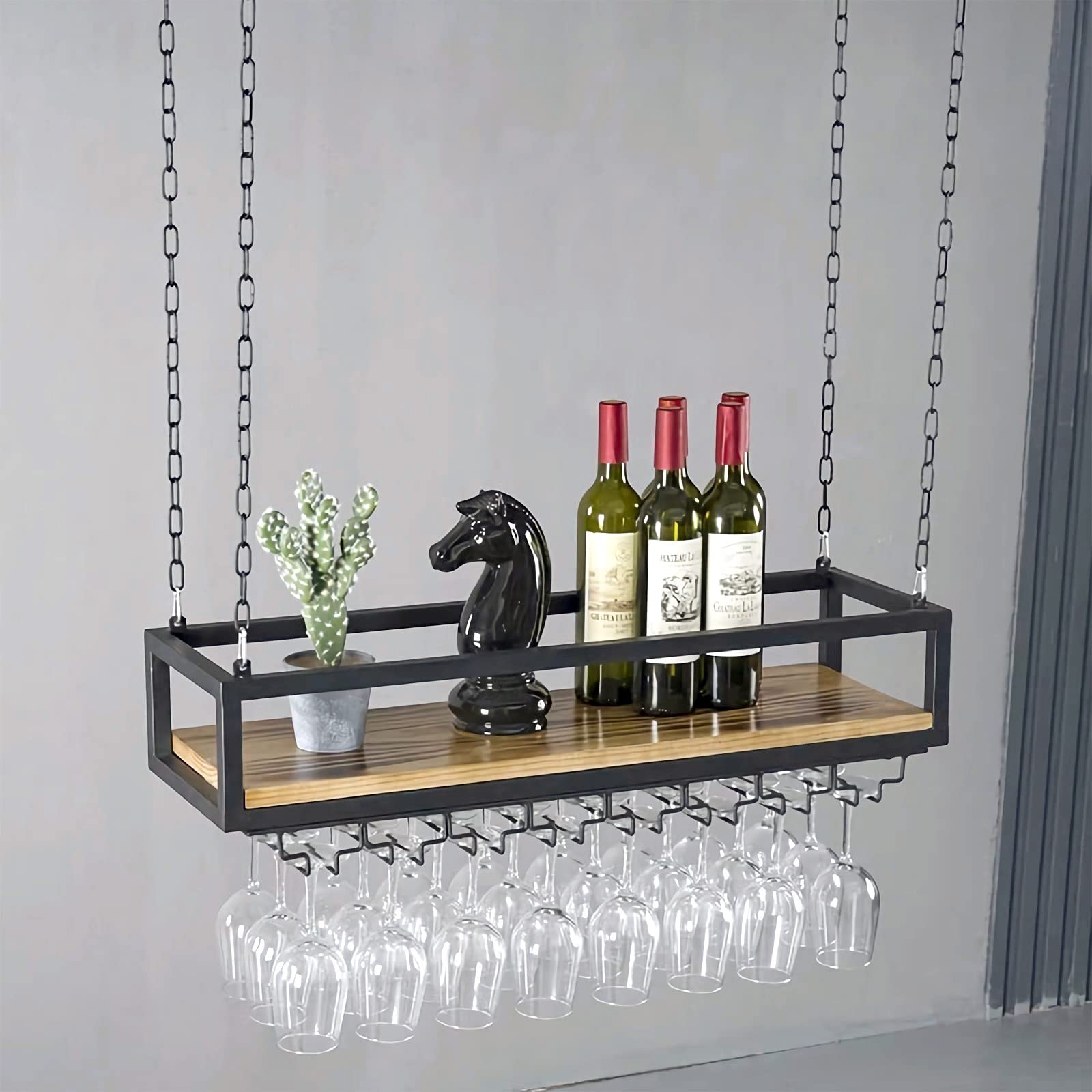 Ceiling Wine Glass Rack - Hanging Wine Rack with Glass Holder and Shelf, Height Adjustable Industrial Hanging Wine Bottle Holder, Black Metal Ceiling Shelf for Bar Cafe Kitchen (39.3×9.8×8.6in)