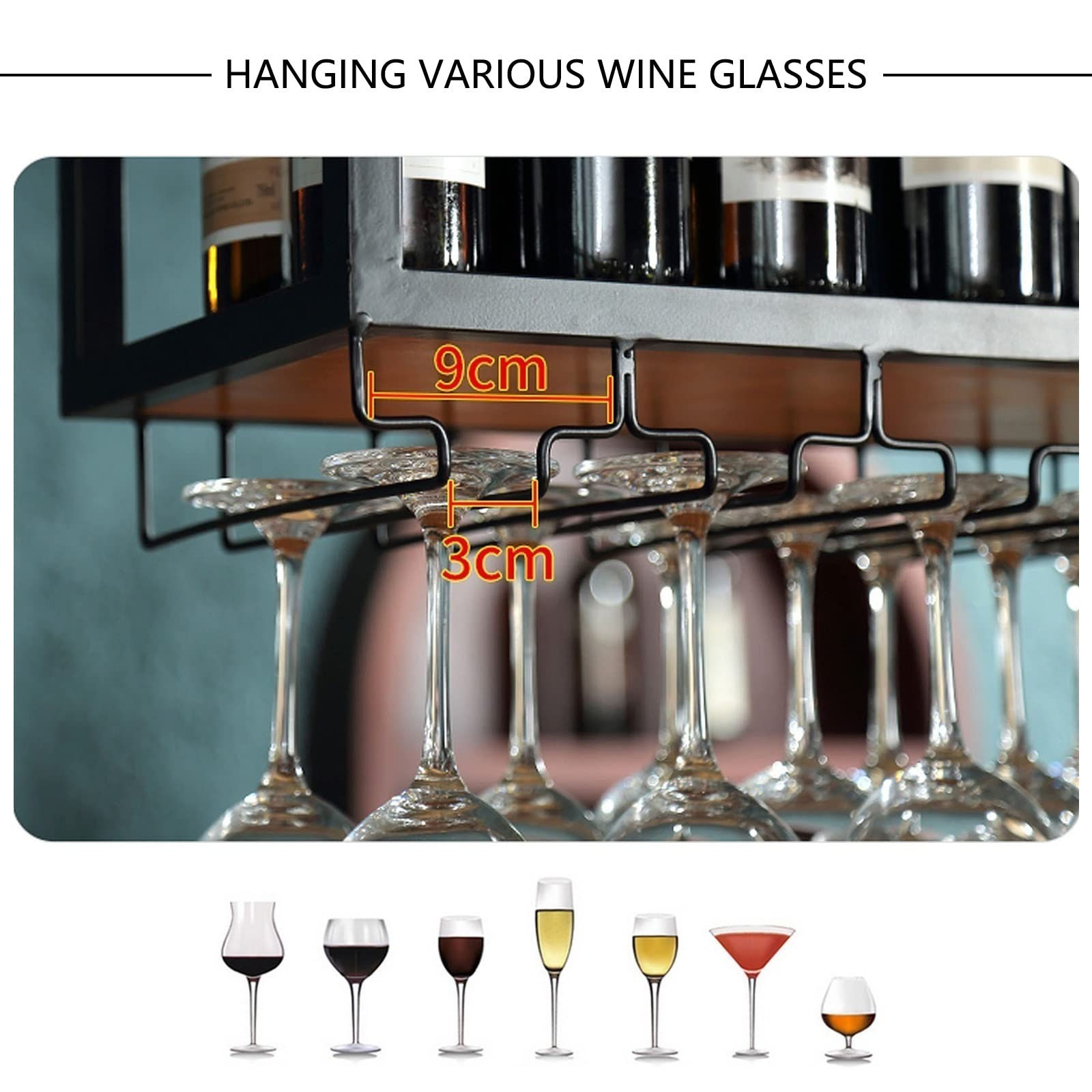 Ceiling Wine Glass Rack - Hanging Wine Rack with Glass Holder and Shelf, Height Adjustable Industrial Hanging Wine Bottle Holder, Black Metal Ceiling Shelf for Bar Cafe Kitchen (39.3×9.8×8.6in)