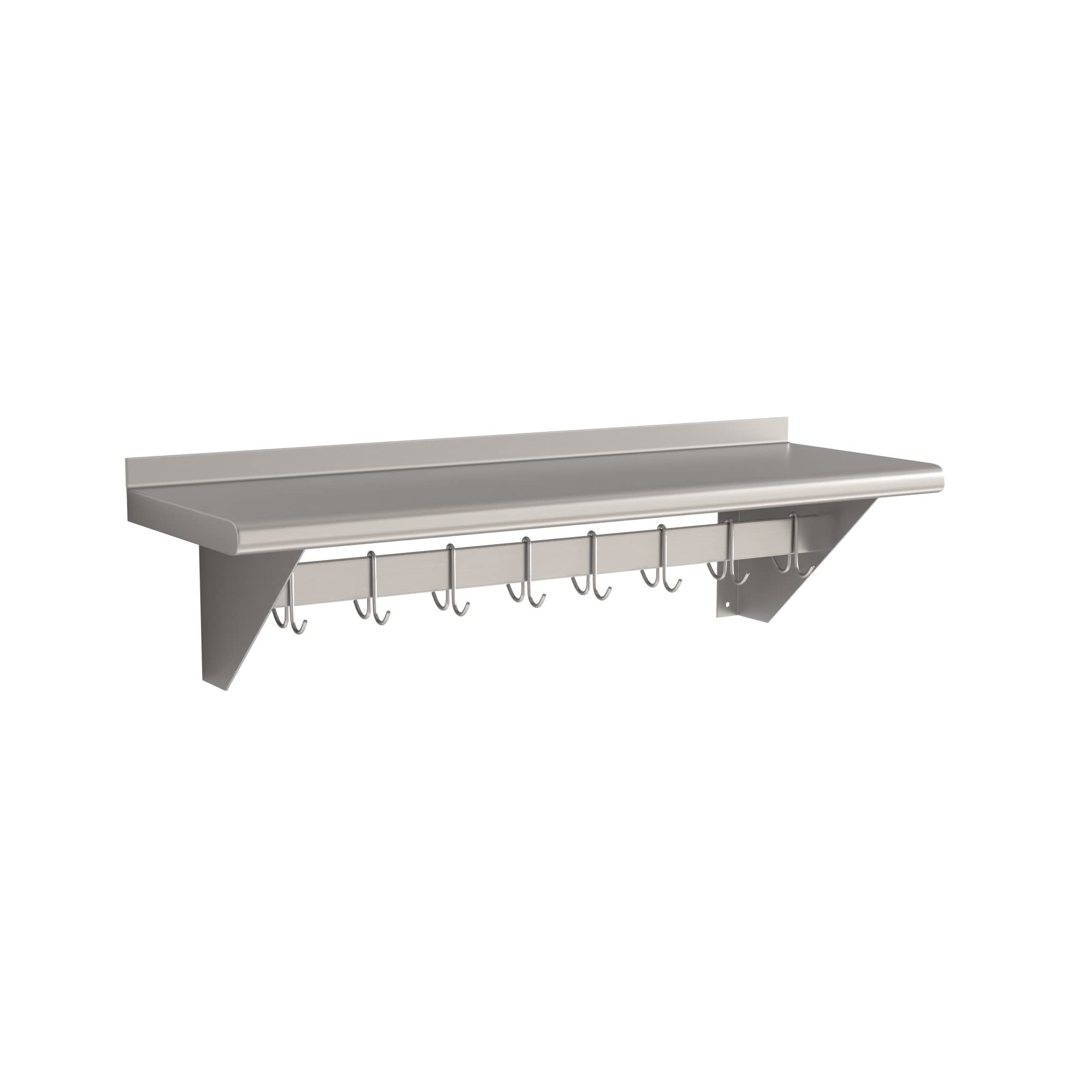 Krollen Industrial 12" x 36" Stainless Steel Wall Mounted Pot Rack with Shelf and 18 Galvanized Hooks