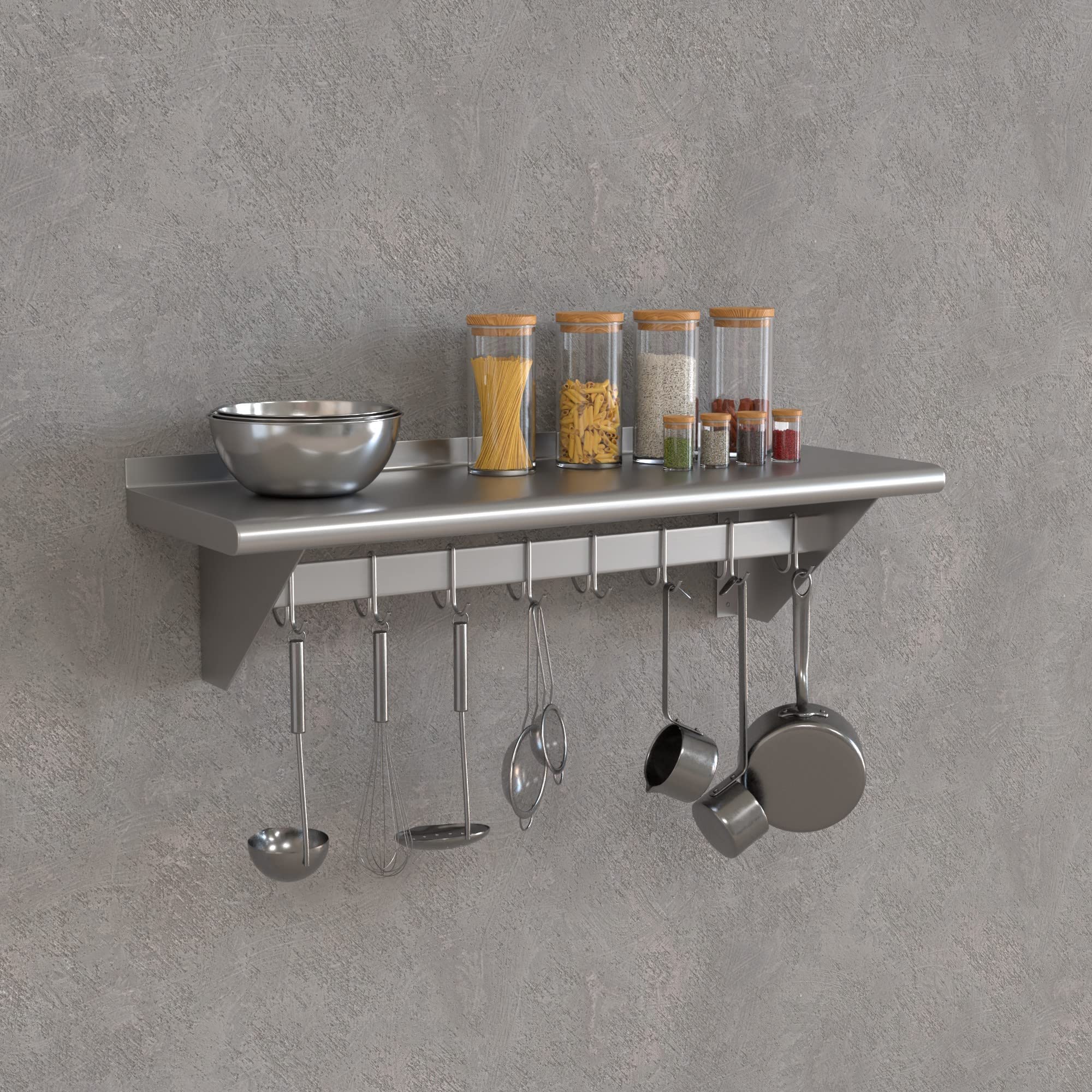 Krollen Industrial 12" x 36" Stainless Steel Wall Mounted Pot Rack with Shelf and 18 Galvanized Hooks