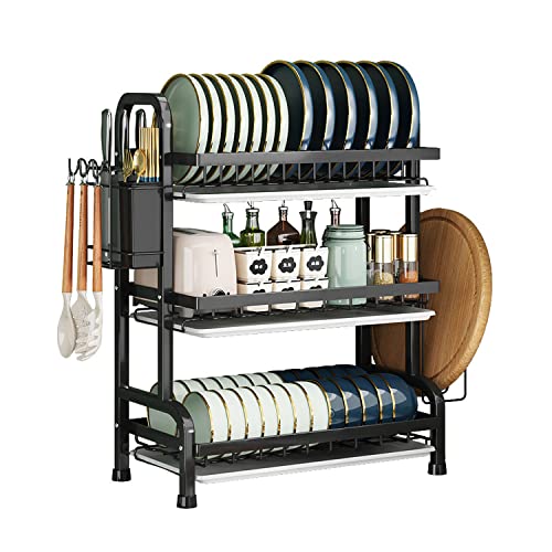 Dish Drying Rack, 3-Tier Large Capacity Kitchen Dish Rack Drainboard Set,Carbon Steel Dish Drainer Rack with Drip Tray & Utensil Holder, Cutting Board Holder and Dish Drainer for Kitchen (Black)