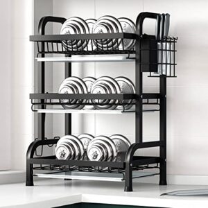 Dish Drying Rack, 3-Tier Large Capacity Kitchen Dish Rack Drainboard Set,Carbon Steel Dish Drainer Rack with Drip Tray & Utensil Holder, Cutting Board Holder and Dish Drainer for Kitchen (Black)