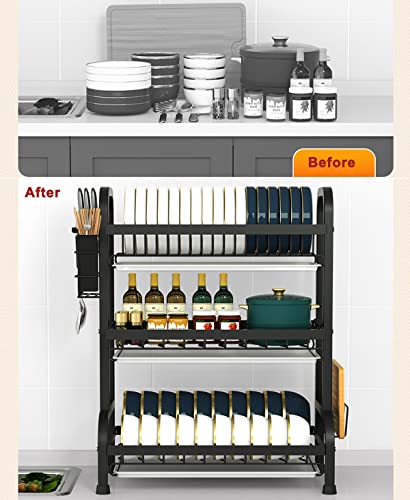 Dish Drying Rack, 3-Tier Large Capacity Kitchen Dish Rack Drainboard Set,Carbon Steel Dish Drainer Rack with Drip Tray & Utensil Holder, Cutting Board Holder and Dish Drainer for Kitchen (Black)