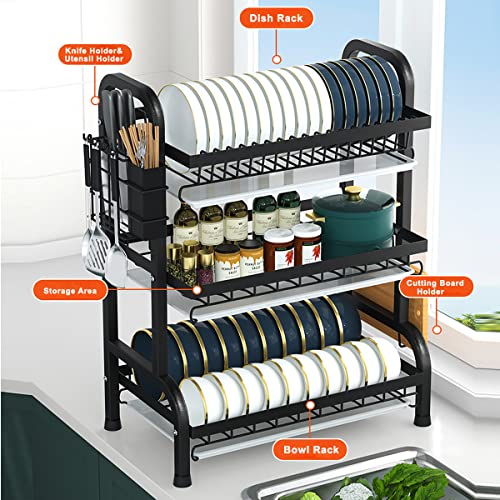 Dish Drying Rack, 3-Tier Large Capacity Kitchen Dish Rack Drainboard Set,Carbon Steel Dish Drainer Rack with Drip Tray & Utensil Holder, Cutting Board Holder and Dish Drainer for Kitchen (Black)