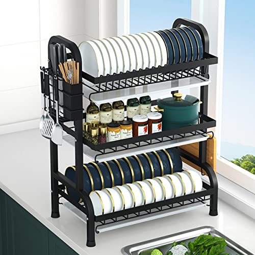 Dish Drying Rack, 3-Tier Large Capacity Kitchen Dish Rack Drainboard Set,Carbon Steel Dish Drainer Rack with Drip Tray & Utensil Holder, Cutting Board Holder and Dish Drainer for Kitchen (Black)