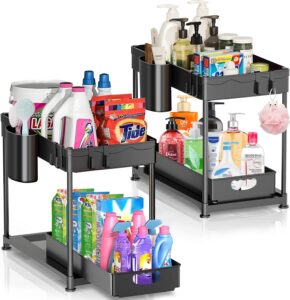 under sink organizer and storage, 2 tier pull out bathroom cabinet organizer, bathroom organizer under sink basket with hooks and hanging cups, kitchen bathroom multipurpose storage rack(black, 2)