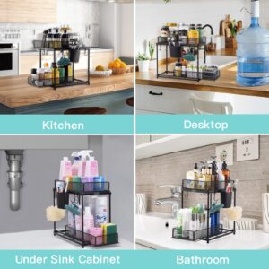 UHIAGREE Under Sink Organizers and Storage, 2 Tier Under the Sink Organizer with Pull out Sliding Drawers, Under Kitchen Sink Organizers and Storage with Hooks Hanging Cup for Kitchen Bathroom