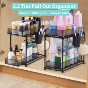 UHIAGREE Under Sink Organizers and Storage, 2 Tier Under the Sink Organizer with Pull out Sliding Drawers, Under Kitchen Sink Organizers and Storage with Hooks Hanging Cup for Kitchen Bathroom