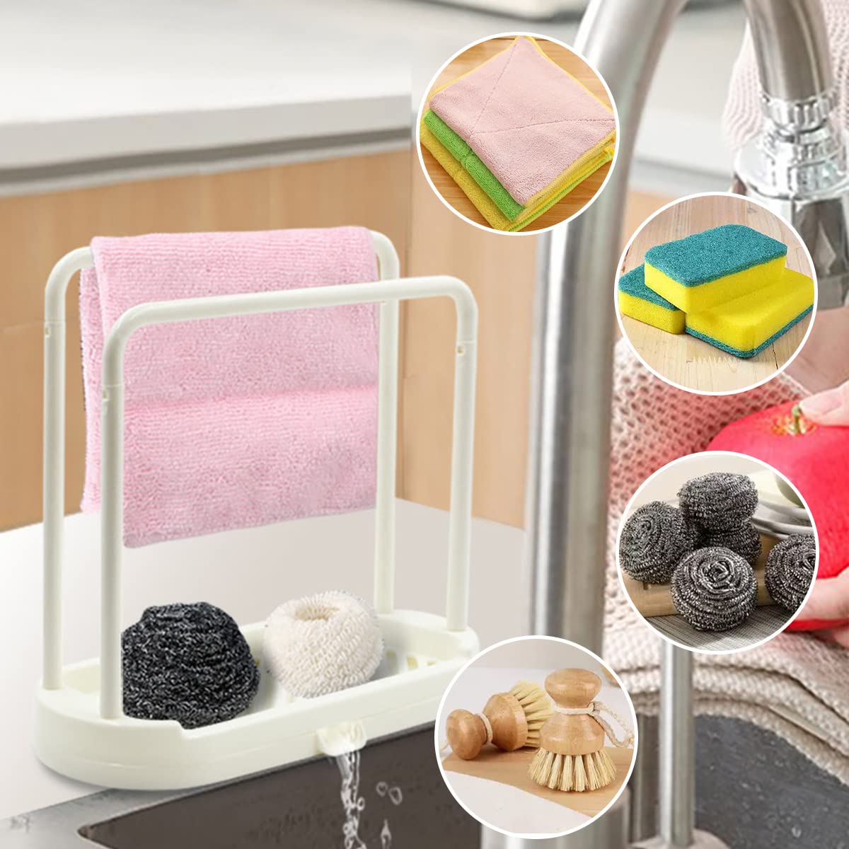 BEINME Sponge Holder with Drain Pan, Kitchen Sink Caddy Organizer for ,Sponge Brush Soap Dishcloth Rack Kitchen Sink Caddy Organizer for Sponge Brush Soap Dishcloth Rack, Small White