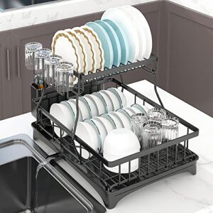 yagiya dish drying rack，2-tier dish racks for kitchen counter，large dish rack with knife case cup holder，dish drainer organizer with utensil holder, dish drying rack with drain board