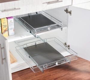filtren set of 2 large pull out organizer, expanding sliding cabinet drawer with black liners 30x20x4 in.