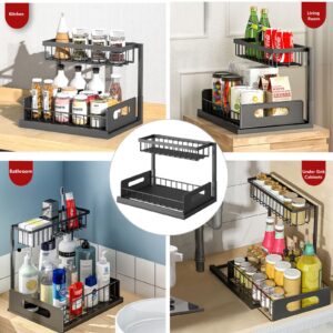 Under Sink Organizer Kitchen Storage L Shape Metal, 2 Tier Cabinet Bathroom Organizion with Pull Out Sliding Drawers, Multi-Use Countertop Storage Shelf, Under Rack for Kitchen, Office, Black