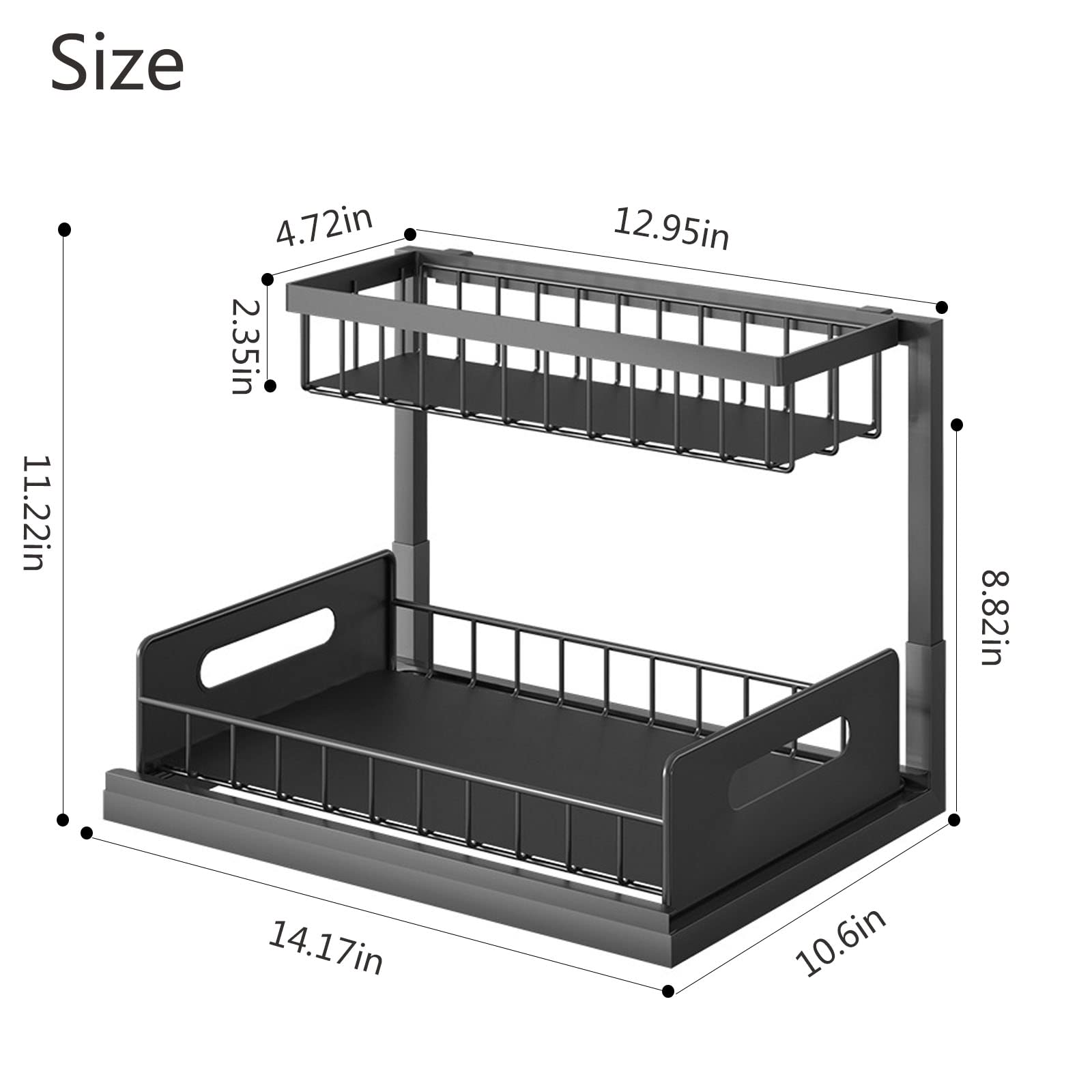 Under Sink Organizer Kitchen Storage L Shape Metal, 2 Tier Cabinet Bathroom Organizion with Pull Out Sliding Drawers, Multi-Use Countertop Storage Shelf, Under Rack for Kitchen, Office, Black