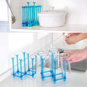 PCTC Retractable Cup Drying Rack, Drinking Glass and Sports Bottle Drainer Stand, Plastic Bag Dryer and Mug Tree with Non-Slip Bottom for Kitchen Countertop (Blue)