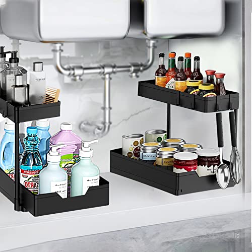 L-Shape Under Sink Organizer and Storage, 2 Tier Sliding Drawer Bathroom Organizers, Multi-purpose Under Kitchen Cabinet Narrow Space Storage Shelf Laundry Room Organization (2 Pack)