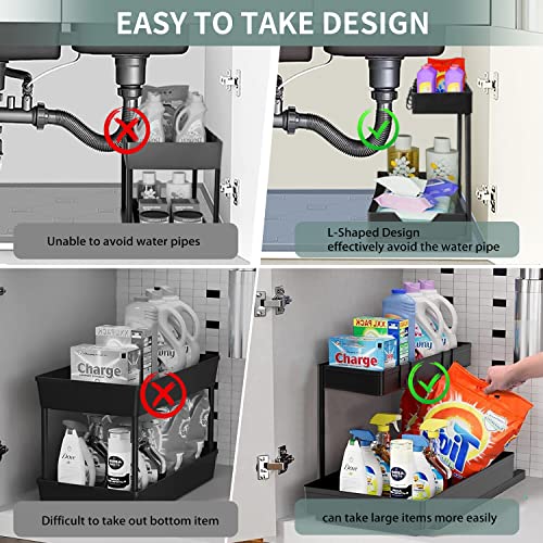 L-Shape Under Sink Organizer and Storage, 2 Tier Sliding Drawer Bathroom Organizers, Multi-purpose Under Kitchen Cabinet Narrow Space Storage Shelf Laundry Room Organization (2 Pack)