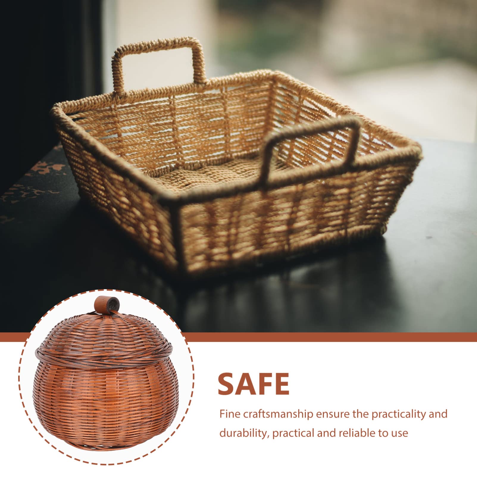 Cabilock Wicker Woven Basket Mini Rattan Storage Basket Pumpkin Shaped Round Rattan Boxes with Lid Hand- Woven Organizer Bin Pot Container for Snacks Gobang Chess Egg Fruit
