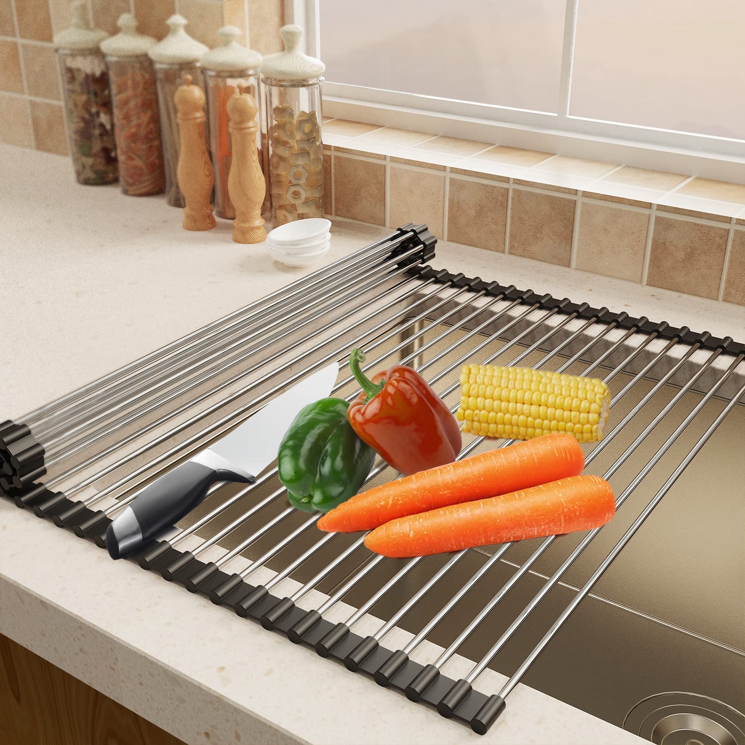 Dish Drainer,11.4x15in Roll Up Dish Drying Rack,metal over sink shelf for drying dishes and Easy to Store