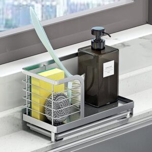 countertop dish soap holder, kitchen sink caddy organizer,sponge holder for sink, stainless steel sponge soap brush holder with drain pan