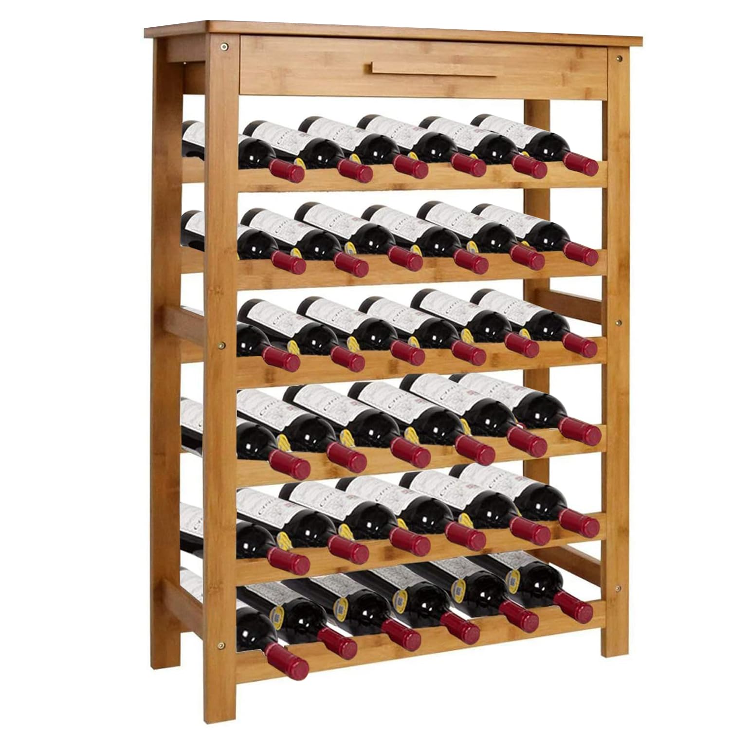 Kinfant Wine Rack Bamboo Liquor Cabinet - 36 Bottle Wine Storage Shelf Displayer Standing Floor 6 Shelves with Drawer