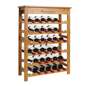 Kinfant Wine Rack Bamboo Liquor Cabinet - 36 Bottle Wine Storage Shelf Displayer Standing Floor 6 Shelves with Drawer