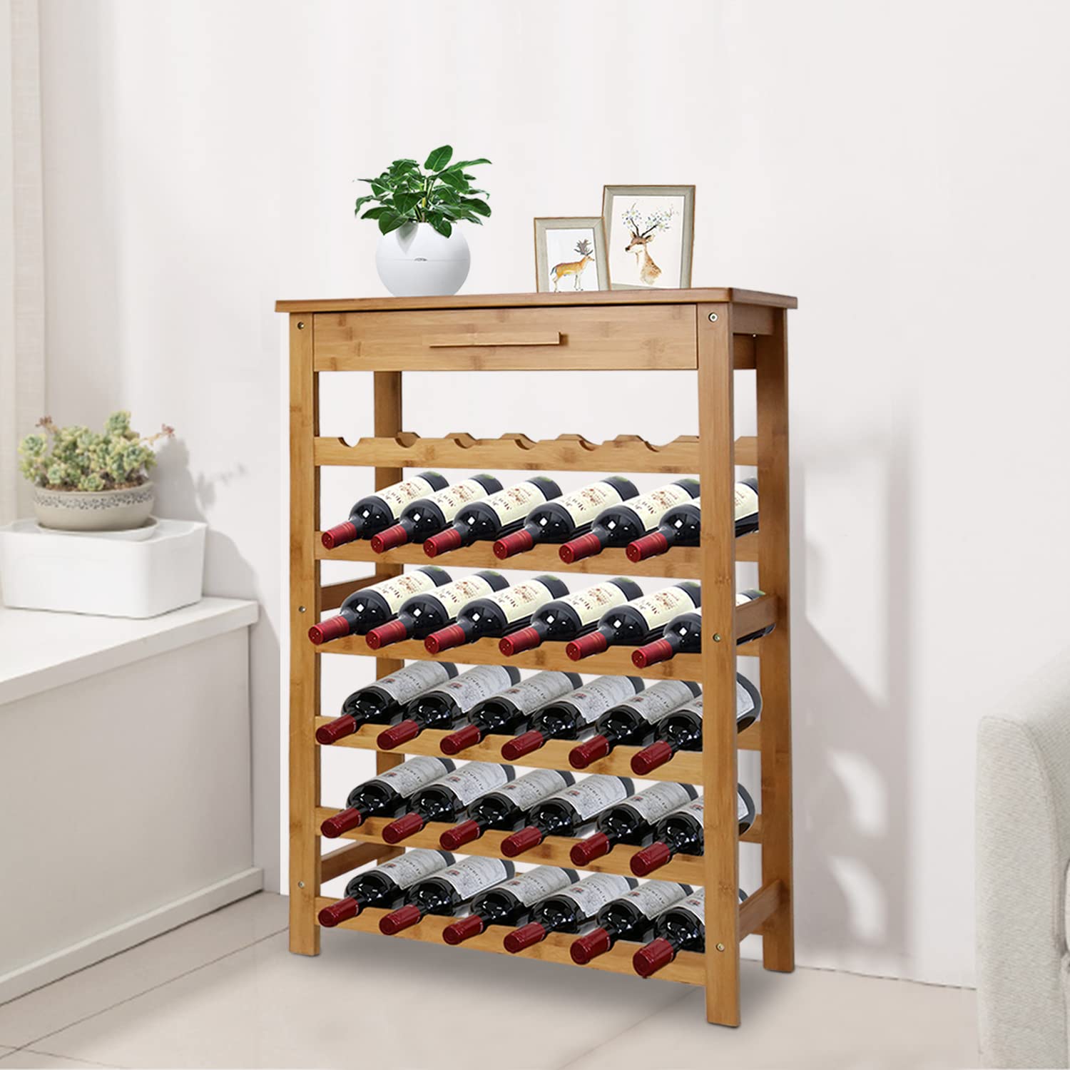 Kinfant Wine Rack Bamboo Liquor Cabinet - 36 Bottle Wine Storage Shelf Displayer Standing Floor 6 Shelves with Drawer