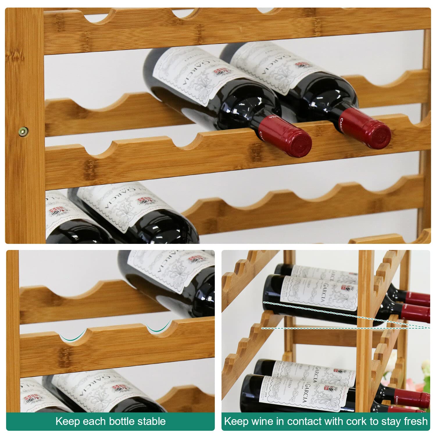 Kinfant Wine Rack Bamboo Liquor Cabinet - 36 Bottle Wine Storage Shelf Displayer Standing Floor 6 Shelves with Drawer