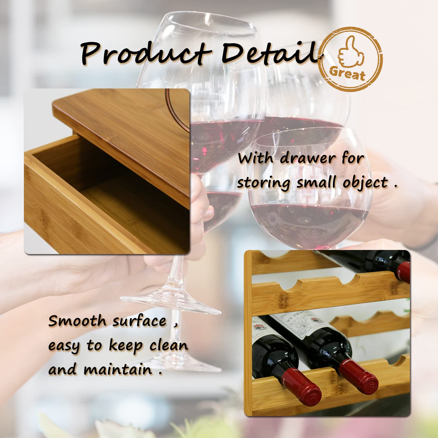 Kinfant Wine Rack Bamboo Liquor Cabinet - 36 Bottle Wine Storage Shelf Displayer Standing Floor 6 Shelves with Drawer