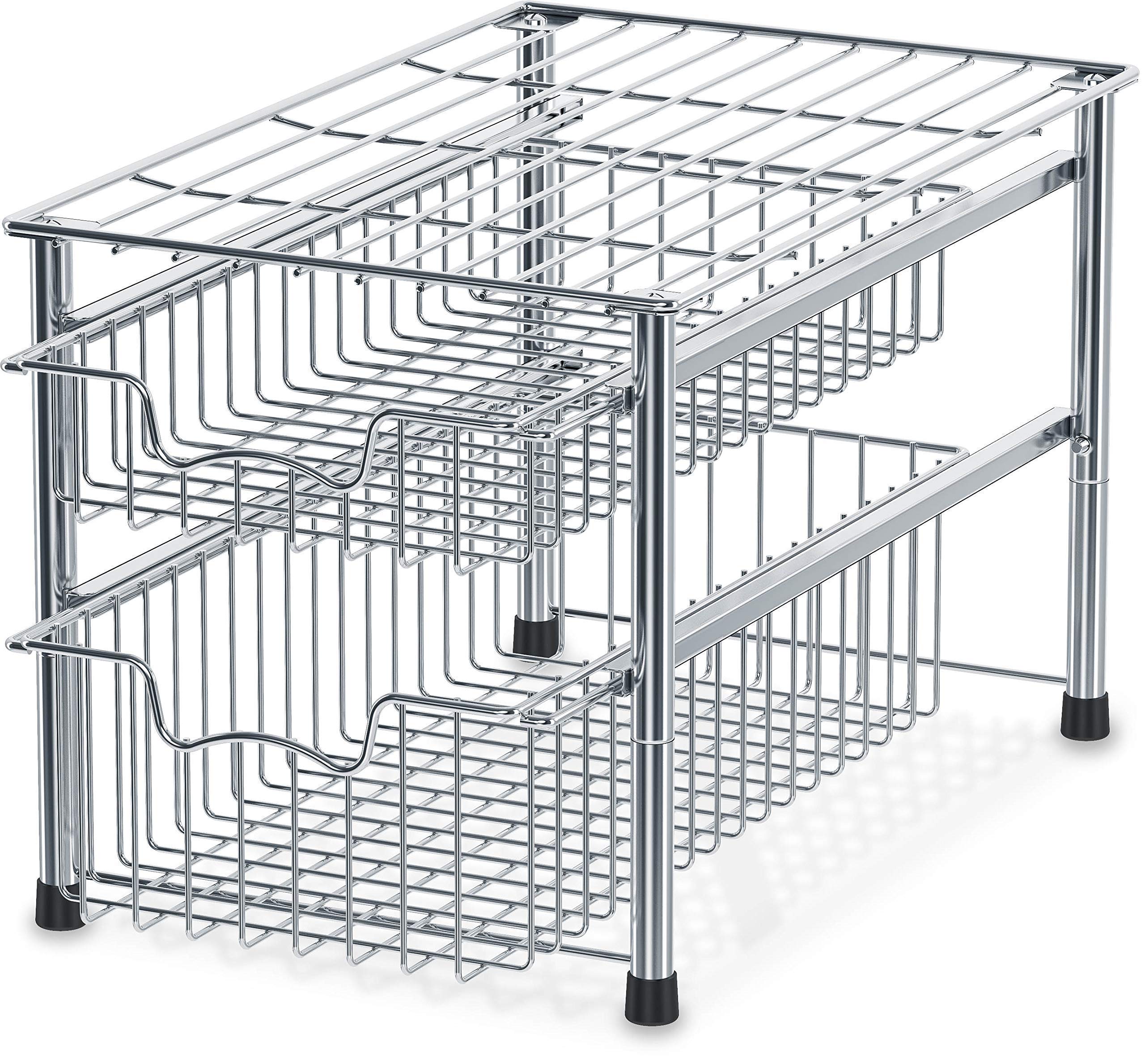 SimpleHouseware Stackable 2 Tier Sliding Basket + Single Tier Basket, Chrome