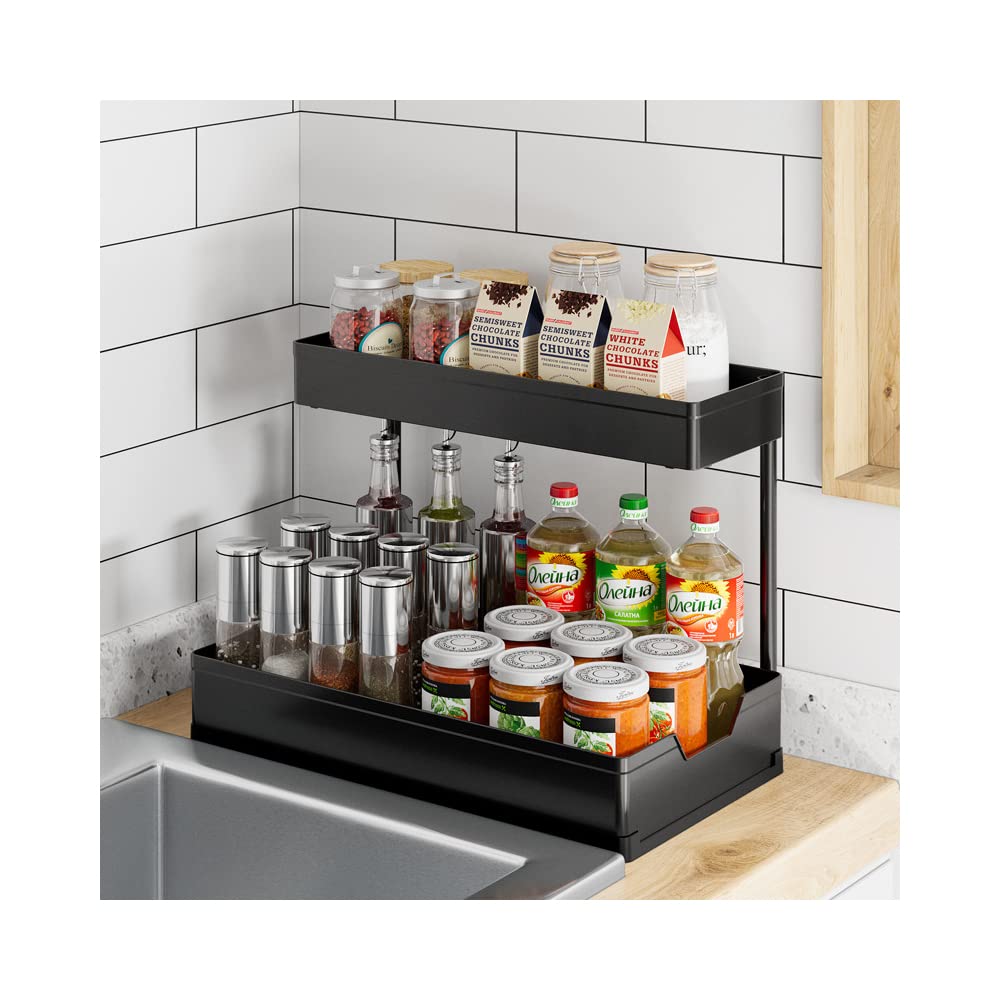 Under Sink Organizers 2-Tier, Bathroom/Kitchen Cabinet Basket Organizer Storage with Hooks Widely Use for Kitchen Spices/Under Sink/Bathroom