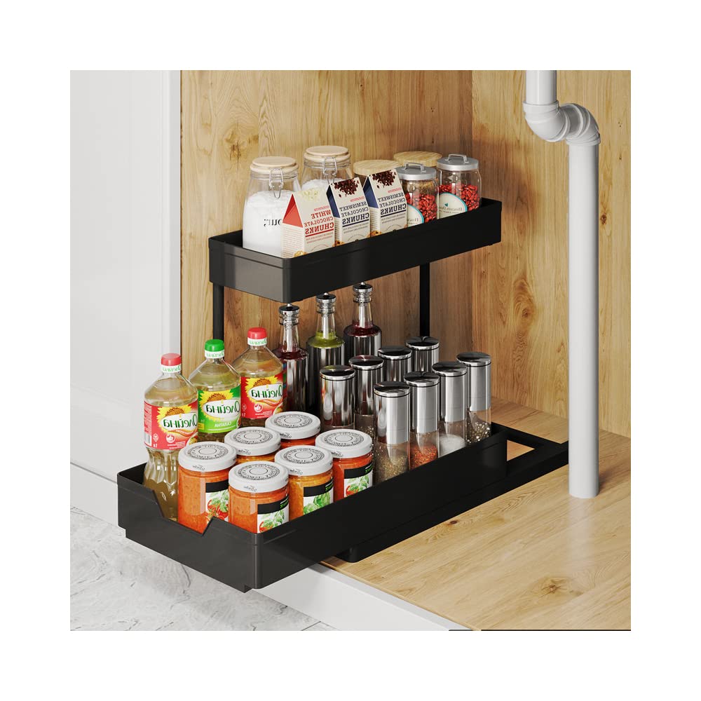 Under Sink Organizers 2-Tier, Bathroom/Kitchen Cabinet Basket Organizer Storage with Hooks Widely Use for Kitchen Spices/Under Sink/Bathroom