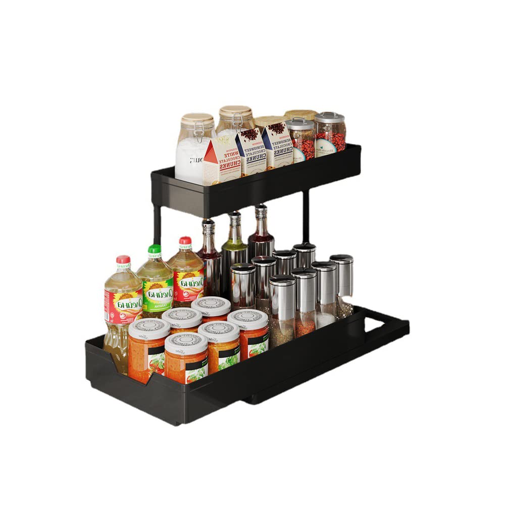 Under Sink Organizers 2-Tier, Bathroom/Kitchen Cabinet Basket Organizer Storage with Hooks Widely Use for Kitchen Spices/Under Sink/Bathroom