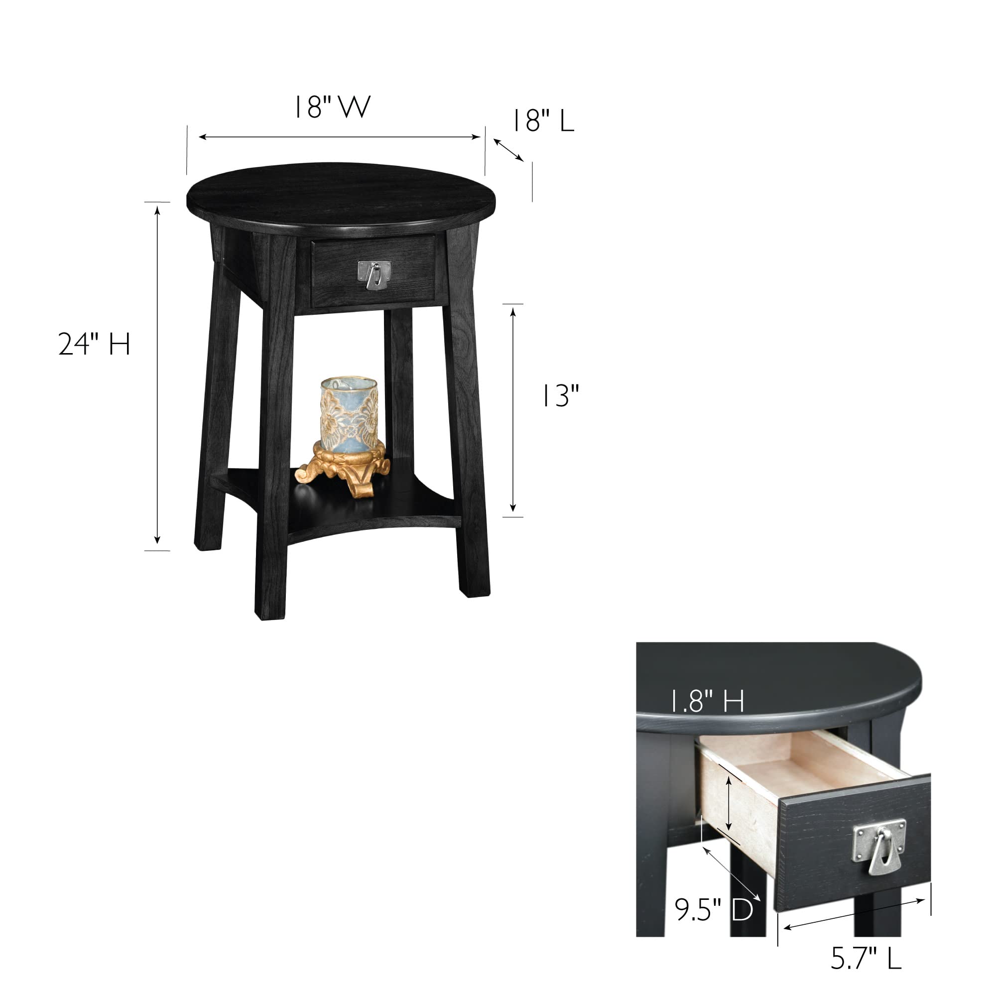 Leick Home 9056-SL Mission One Drawer Anyplace Round Side Table with Shelf, Slate 18 in x 18 in x 24 in