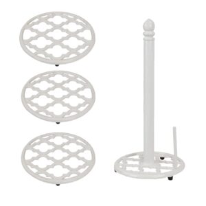 home basics lattice collection | made from cast iron | 3 trivets | 1 paper towel holder | complete your kitchen | white