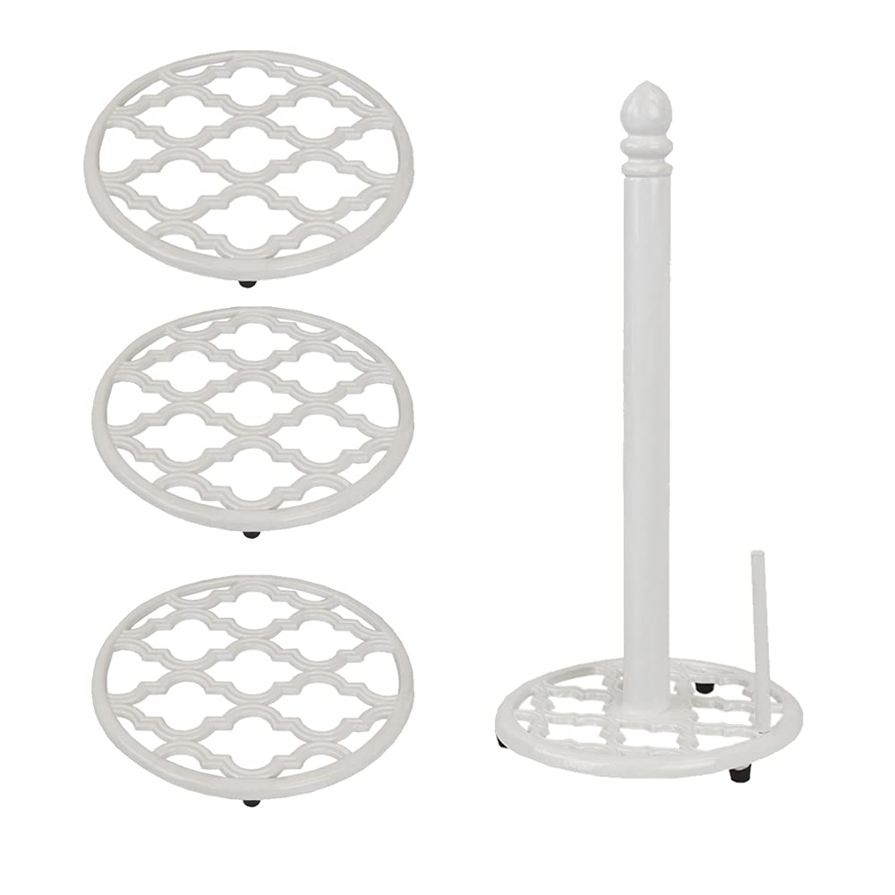 Home Basics Lattice Collection | Made from Cast Iron | 3 Trivets | 1 Paper Towel Holder | Complete Your Kitchen | White