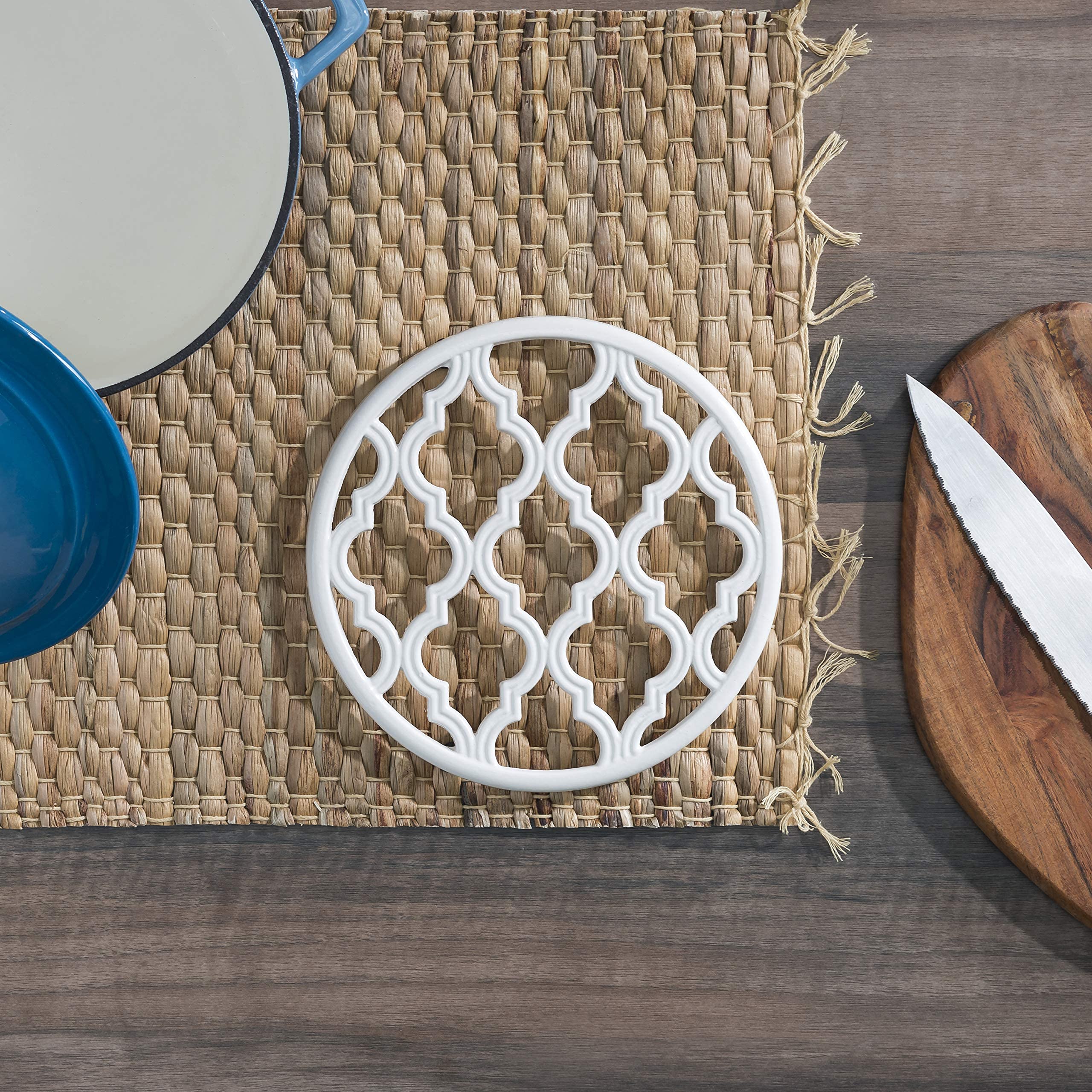 Home Basics Lattice Collection | Made from Cast Iron | 3 Trivets | 1 Paper Towel Holder | Complete Your Kitchen | White