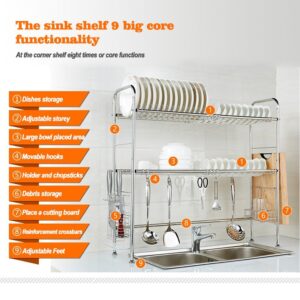 NEX Dish Rack Over The Sink, 2 Tier Large Dish Drainer Length Adjustable, Sliver