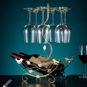 CicodonaGift Wine Rack and Wine Glass Holder-Hold 2 Wine Bottles and 6 Glasses-Perfect for Home Kitchen Decor & Kitchen Storage Rack