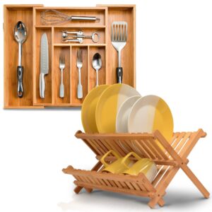 collapsible dish drying rack and expandable bamboo silverware organizer