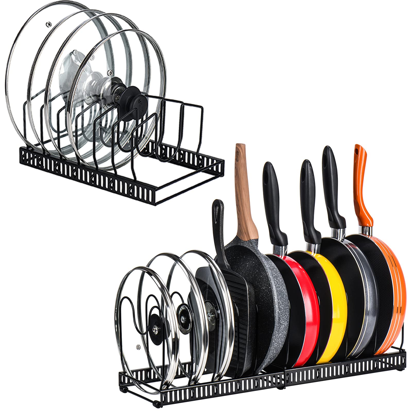 Toplife Adjustable 10+ Pans Organizer Rack + 7+ Lids Organizer Rack for Kitchen Cabinet, Black