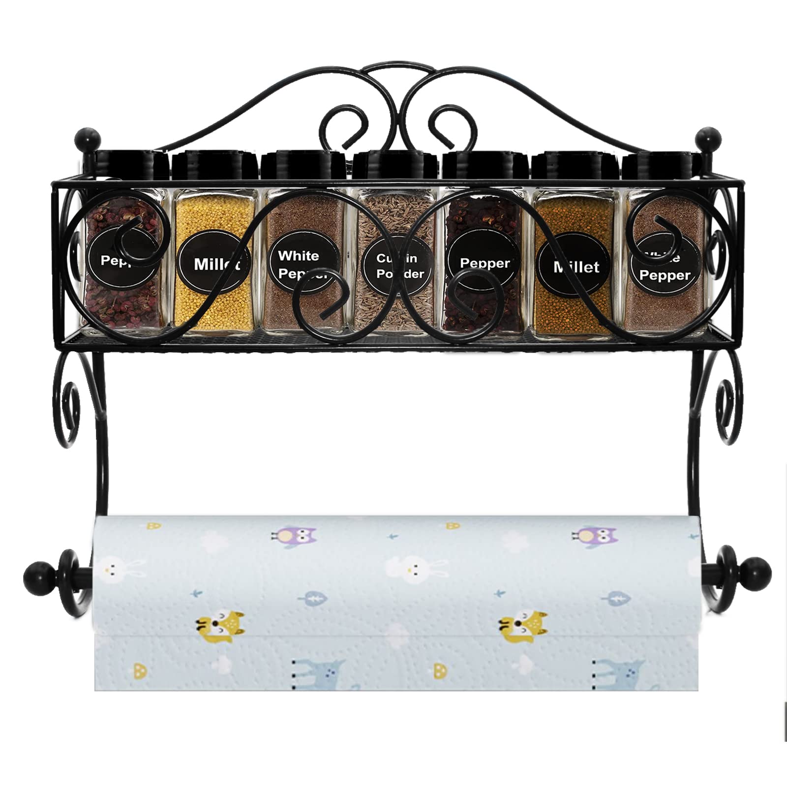 IMAYLLA Paper Towel Holder with Shelf Storage, Decorative Scrollwork Design Adhesive Wall Mount Basket Organizer for Kitchen Bathroom