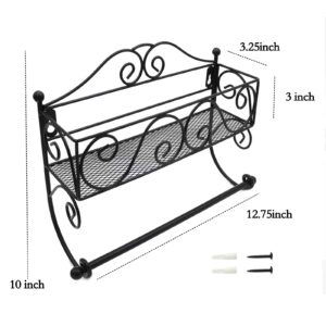 IMAYLLA Paper Towel Holder with Shelf Storage, Decorative Scrollwork Design Adhesive Wall Mount Basket Organizer for Kitchen Bathroom