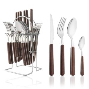 silverware set with holder - uniturcky hanging flatware set with stand - 24pcs cutlery set with faux wooden handle - stainless steel utensils set for home restaurant party (silver, service for 6)