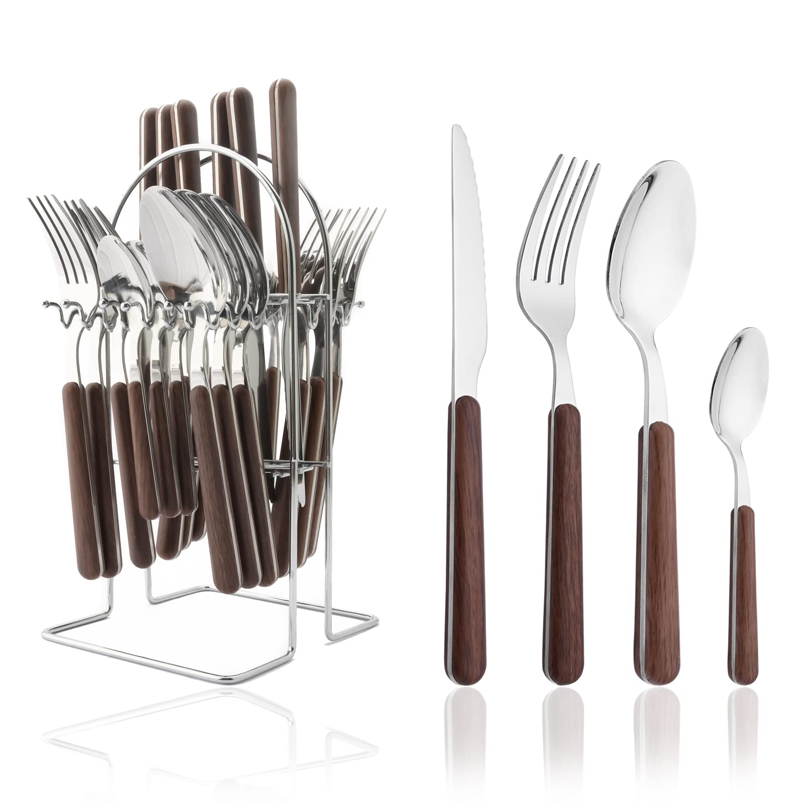 Silverware Set with Holder - Uniturcky Hanging Flatware Set with Stand - 24PCS Cutlery Set with Faux Wooden Handle - Stainless Steel Utensils Set for Home Restaurant Party (Silver, Service for 6)