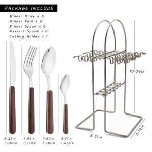 Silverware Set with Holder - Uniturcky Hanging Flatware Set with Stand - 24PCS Cutlery Set with Faux Wooden Handle - Stainless Steel Utensils Set for Home Restaurant Party (Silver, Service for 6)