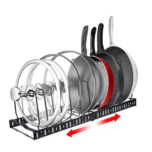 warmartter expandable pot and pan organizers rack stainless, pot and pan organizer with 11 adjustable compartments(4 large sizes and 7 short sizes.) accommodate 10+ frying pans and pots lid