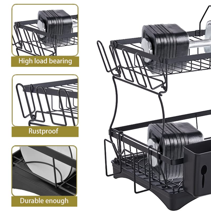 BNUNWISH Dish Drying Rack with Drainboard, 2 Tier Large Capacity Stainless Steel Dish Drainer Racks for Kitchen Counter with Utensil Holder, Cup Racks & Cutting Board Holder