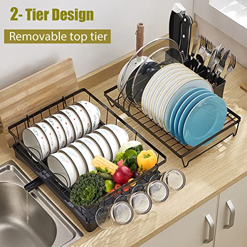 BNUNWISH Dish Drying Rack with Drainboard, 2 Tier Large Capacity Stainless Steel Dish Drainer Racks for Kitchen Counter with Utensil Holder, Cup Racks & Cutting Board Holder