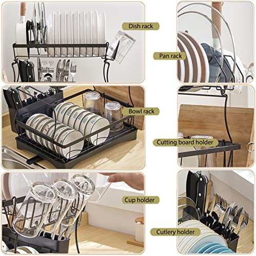 BNUNWISH Dish Drying Rack with Drainboard, 2 Tier Large Capacity Stainless Steel Dish Drainer Racks for Kitchen Counter with Utensil Holder, Cup Racks & Cutting Board Holder